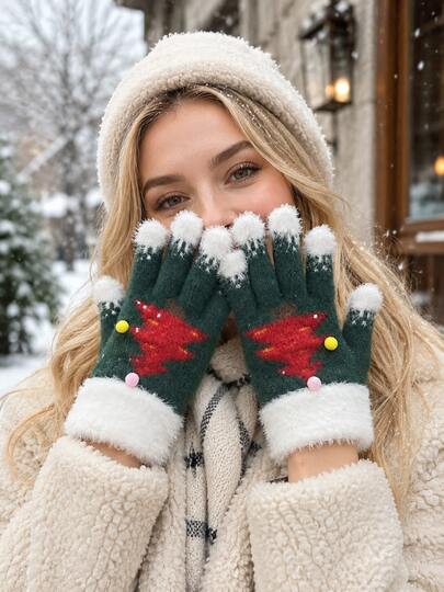 1 par de guantes de punto cálidos de invierno navideños nuevos transfronterizos, lindos con dedos separados y compatibles con pantalla táctil a prueba de frío