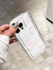 Transparent Lace Pink Bow Phone Case, Raised Large Camera Hole Wear-Resistant Shockproof Phone Case, Sweet Girl Commuter Versatile Style, Compatible With Apple 18 Pro/18 Pro Max/15/15 Pro/15 Plus/15 Pro Max/16/16 Pro/16 Pro Max/17/17 Pro/17 Pro Max/12/12 Pro/12 Mini/13/13 Pro/13 Pro Max/14/14 Plus/14 Pro Max/11, Daily Gift, Back To School Essential, Accessory, Halloween Gift, Christmas Gift, Premium Phone Accessory - Clear - View 4