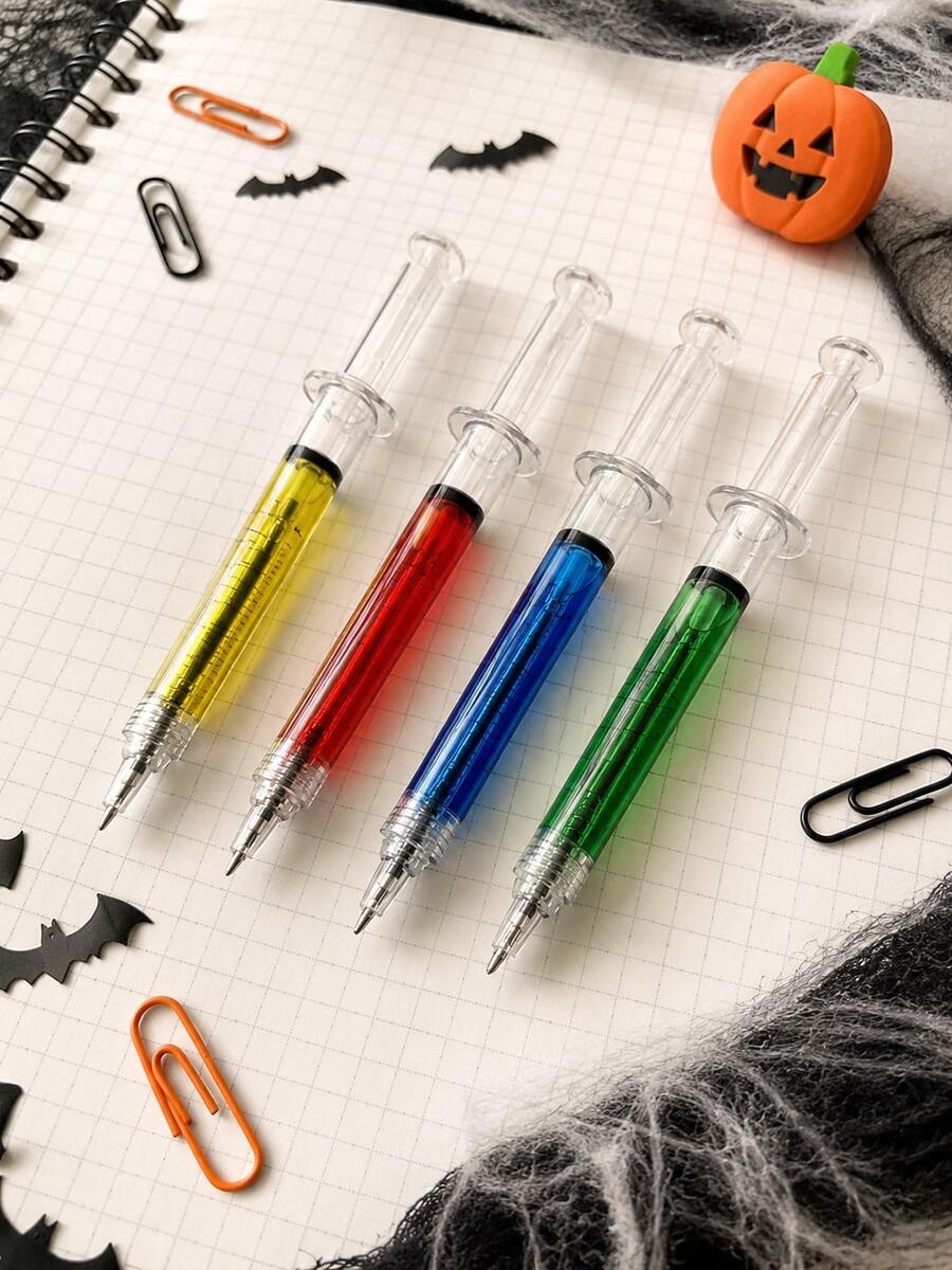 Halloween Style Creative Syringe Ballpoint Pen, Combining Fun Medical Elements With Festive Atmosphere, Unique Syringe Design With Transparent Pen Barrel And Vibrant Ink, Eye-Catching And Desktop Stationery. Realistic Syringe Appearance Full Of Creativity, Comfortable Grip, Smooth Writing, Suitable As Student Daily Writing Pen, Creative Gift Or Party Favor. Compact And Portable Design, Can Be Carried In Pen Bag Or Backpack, Perfect For Halloween Theme Party Office Desk Decoration And Fun Collection - Multicolor - View 1