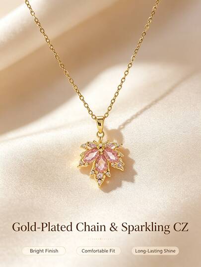 Pink Maple Leaf Pendant Necklace, Gold-Plated Polished Cubic Zirconia Exquisite Leaf Charm, Fashionable Women's Jewelry Gift