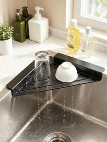 Kitchen Sink Triangle Corner Storage Rack, Draining Basket Sponge Holder, Multi-Functional Kitchen Draining Storage Rack, No-Drill Space-Saving Countertop Storage Rack, Hollow Quick-Dry Draining Rack, Dish Cloth Soap Liquid Brush Holder - Multi-color - View 5