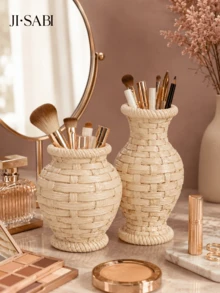 1pc Rattan‑Woven Style Vase Makeup Brush Holder, Boho Imitation Wicker Desk Organizer, Dual‑Purpose Decor Vase For Cosmetic Brushes, Pens, Dried Flowers, Vanity Table Home Desktop Decor,Makeup Organizer,Room Decor - Rattan Makeup Organizer - View 10