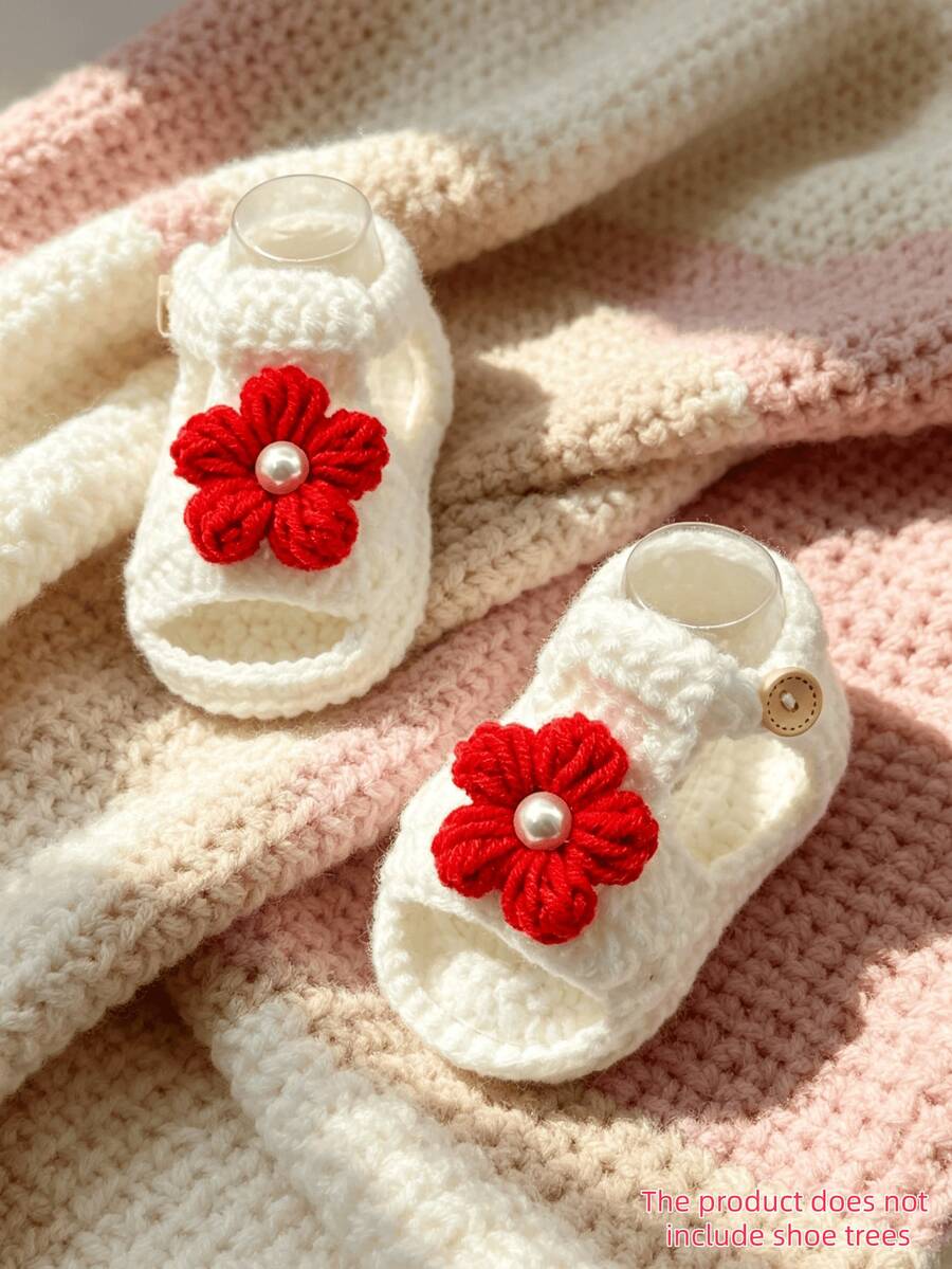 1 Pair Infant Girl Sandals, White Crochet Knit, Flower & Pearl Decor, Soft Sole Infant Shoes - Red - View 1