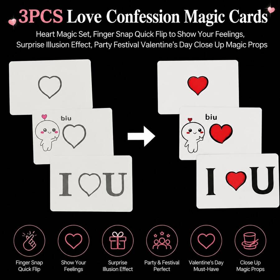 3pcs Love Confession Magic Card Set, Heart Magic Kit, Quick Flip Reveal With Snap, Illusion Surprise Effect, Close-Up Magic Prop For Party, Holiday, Valentine's Day