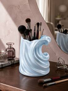 1pc Light Blue Wavy Makeup Brush Holder, Multifunctional Toothbrush & Toothpaste Rack, Fashion Bathroom Countertop Storage Cup, Suitable For Vanity, Bedroom And Home Decor, Bathroom Accessories, Toothbrush Holder, Brush Holder, Makeup Storage Rack - Multicolor - View 1