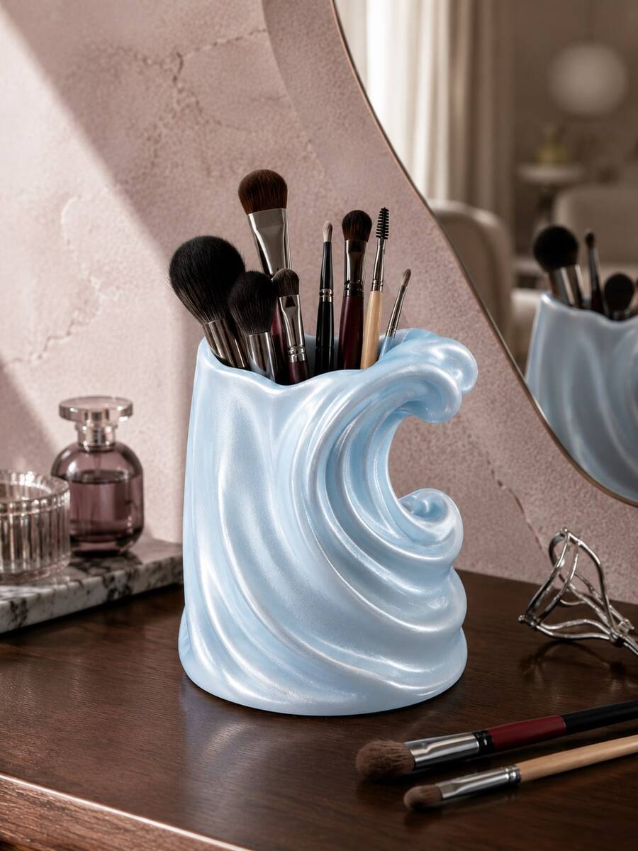 1pc Light Blue Wavy Makeup Brush Holder, Multifunctional Toothbrush & Toothpaste Rack, Fashion Bathroom Countertop Storage Cup, Suitable For Vanity, Bedroom And Home Decor, Bathroom Accessories, Toothbrush Holder, Brush Holder, Makeup Storage Rack - Multicolor - View 1