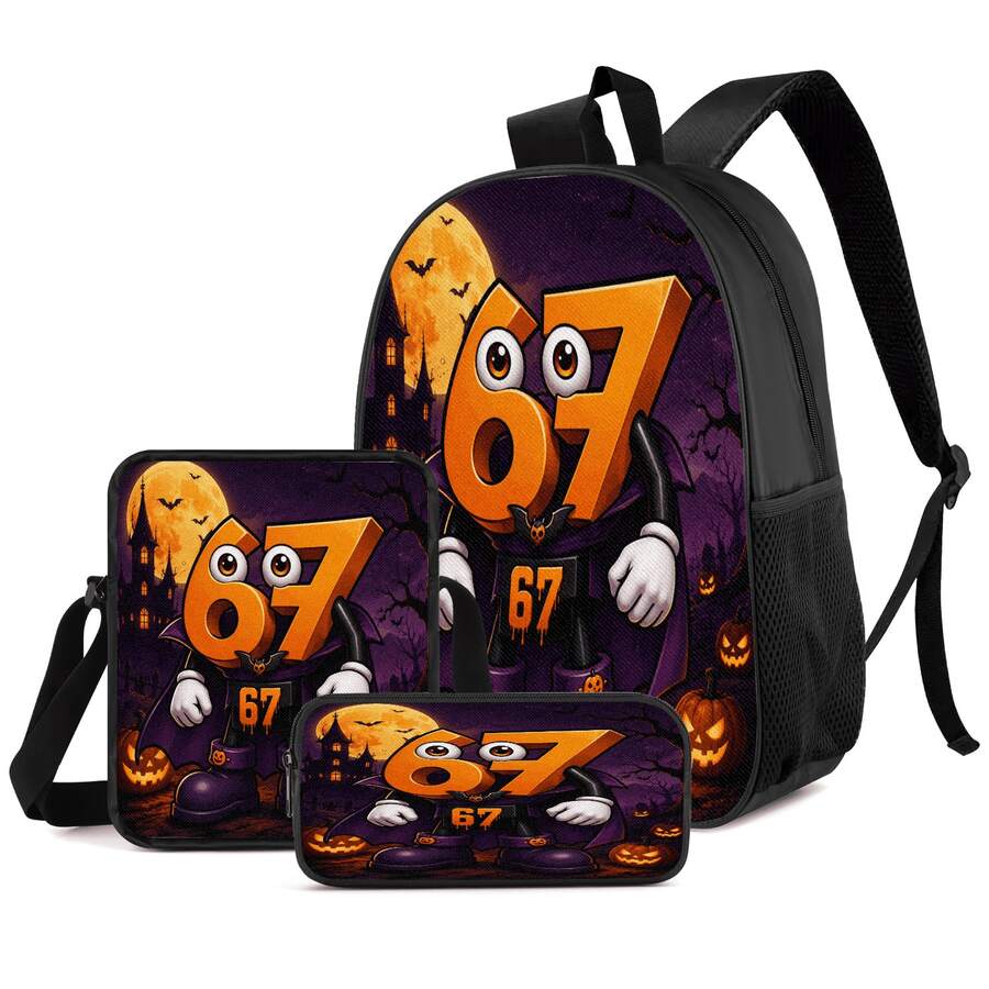 Bộ 3 món balo in 2D chủ đề Halloween, balo dung tích lớn, túi đeo chéo, hộp bút, dây đeo vai rộng thoáng khí tùy chỉnh, túi lưới bên hông đựng chai nước, bộ túi lưu trữ thời trang cho du lịch lễ hội, đi làm hàng ngày và dùng thường ngày - Túi in họa tiết - Xem 1