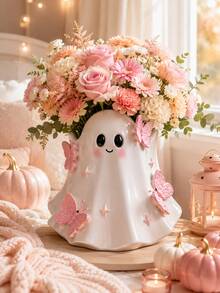 1pc Cute Ghost Vase, Pink Butterfly Decor, Kawaii Halloween Vase, Spooky Season Home Decor, Suitable For Living Room, Bedroom, Table, Shelf And Desk, Aesthetic Room Decor, Autumn Halloween Decoration, Tabletop Centerpiece, Gift For Women And Girls - C - View 3