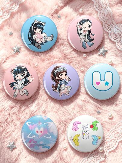 1pc/7pcs Pin Badge Brooch,Super Shy Member Cartoon & Bunny Print,K-POP Sweet Y2K Round Badge,Bag Clothing Accessory,Halloween Christmas Gift