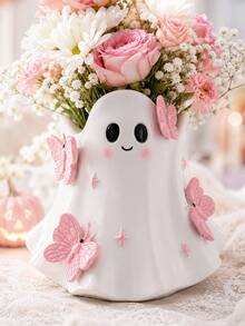 1pc Cute Ghost Vase, Pink Butterfly Decor, Kawaii Halloween Vase, Spooky Season Home Decor, Suitable For Living Room, Bedroom, Table, Shelf And Desk, Aesthetic Room Decor, Autumn Halloween Decoration, Tabletop Centerpiece, Gift For Women And Girls - C - View 2