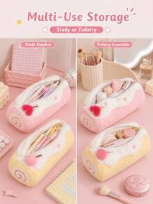 Cute Swiss Roll Plush Pencil Case, Large Capacity Toiletry Bag, Foldable Storage Bag, High-Quality Sweet Stationery Organizer, Suitable For Students - Multicolor - View 2