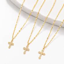 1pc New Classic Cross Pendant Golden Stainless Steel Lip Chain Necklaces For Women - Yellow Gold - View 3