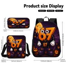 Bộ 3 món balo in 2D chủ đề Halloween, balo dung tích lớn, túi đeo chéo, hộp bút, dây đeo vai rộng thoáng khí tùy chỉnh, túi lưới bên hông đựng chai nước, bộ túi lưu trữ thời trang cho du lịch lễ hội, đi làm hàng ngày và dùng thường ngày - Túi in họa tiết - Xem 3