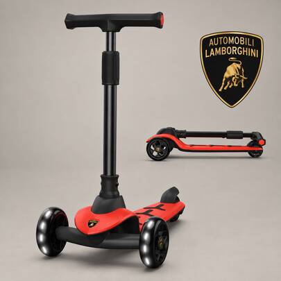 Lamborghini Kids Scooter, Big Wheels Foldable Kick Scooter, Flashing Lights, Adjustable Height, 3-Wheel Scooter For Kids Aged 3+ (Red)