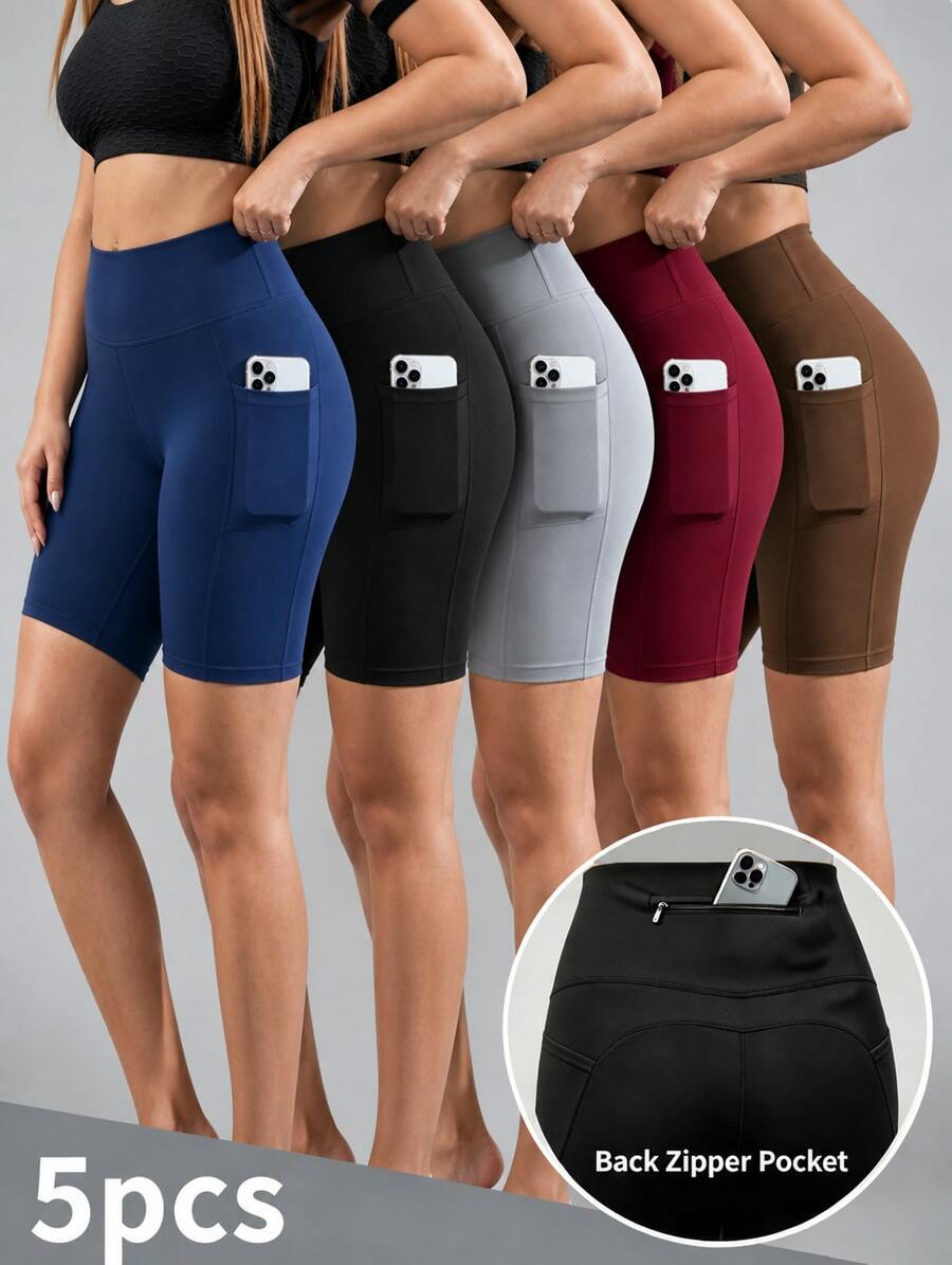 OKP 5 Pack High Waist Biker Shorts With Side & Back Zip Pocket, Tummy Control Squat Proof Workout Shorts, Christmas Gift Halloween Costume Base - Multicolor - View 1