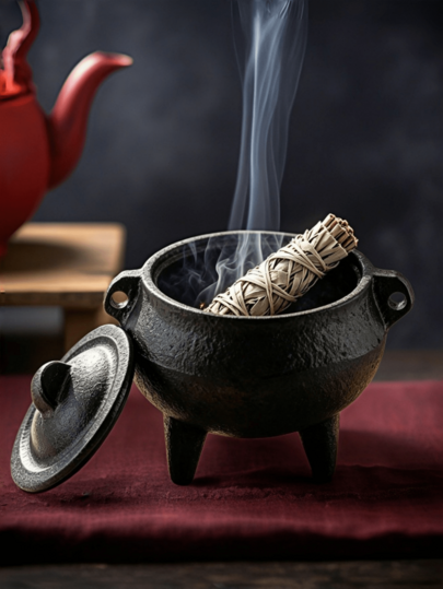 1 Adet Kapaklı Tütsülük, Üç Ayaklı Adaçayı ve Palo Santo Tütsü Tutucu, Meditasyon Arınma Ritüeli Süsü, Kazan Tarzı Masaüstü Dekor, Yoga, Spiritüel, İç Mekan ve Cadılar Bayramı Kullanımı İçin