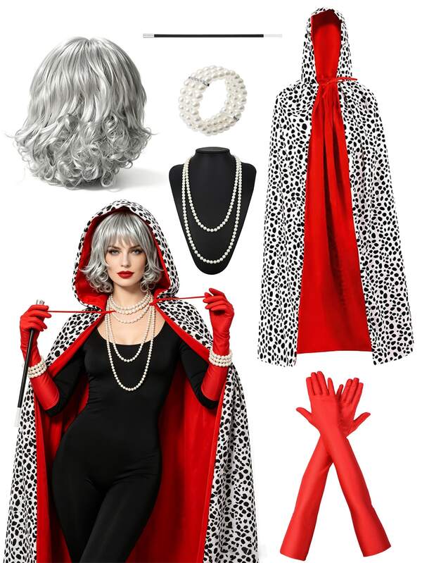 9pcs-Set/7/6/3/2/1 Combination Queen Costume Set - Queen Of Hearts Role Play Cape, With Crown, Wig, Scepter And Earrings, Heart Print Cape, Crown Headband, Heart Earrings, Oversized Cape, Vibrant Colors, Suitable For Fairy Tale Plays, Halloween, Christmas, Suitable For Girls And Women, Adult Women Halloween Costume, Also Ideal Valentine's Day Gift And Party Gift, Halloween