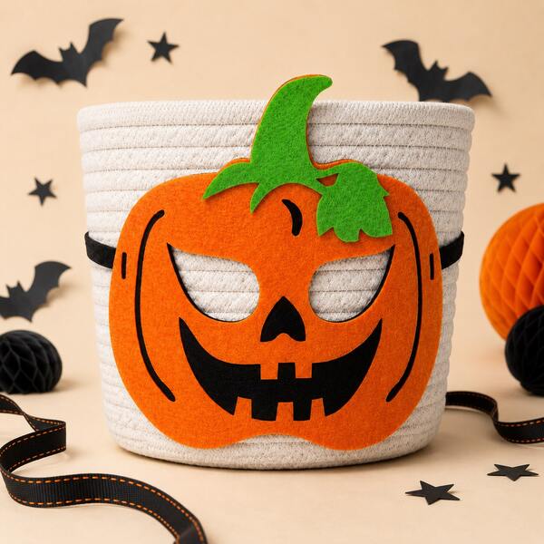 White Rope Storage Basket With Orange Pumpkin Face Pattern, Halloween Storage Basket, Woven Organizer, Decorative Storage Bin, Candy Basket, Home Storage Basket, Shelf Organizer For Bedroom, Entryway, Party Decor And Seasonal Display