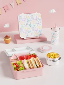Meoky 便當午餐盒，帶 9 盎司湯熱，防漏午餐食品容器，帶 4 格，隔熱熱食罐，適合學校、辦公室、旅行和野餐 - 白色蝴蝶裝套裝 - 查看 2