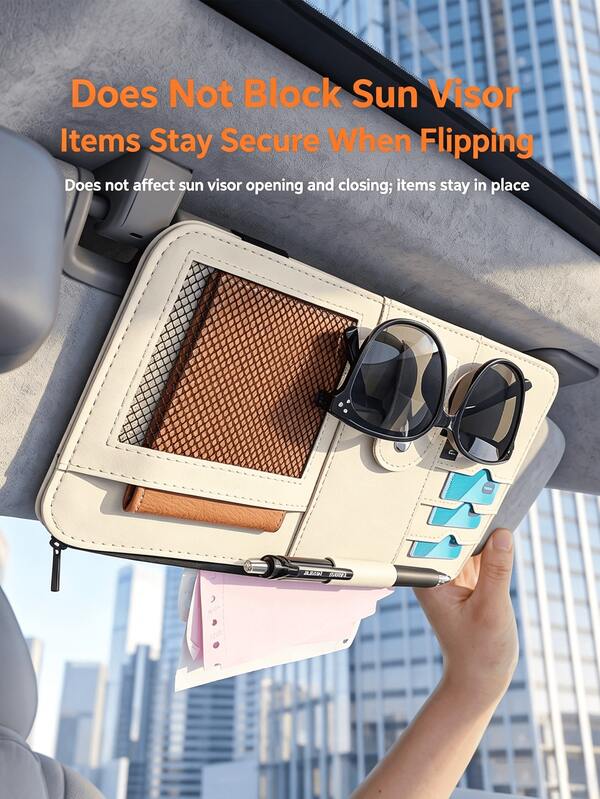 Premium PU Leather Car Sun Visor Organizer – Multi-Compartment Holder With Glasses Clip, Pen Slot, Card Slots, And Mesh Pocket; Universal Interior Accessory For Storing Documents And Cards.