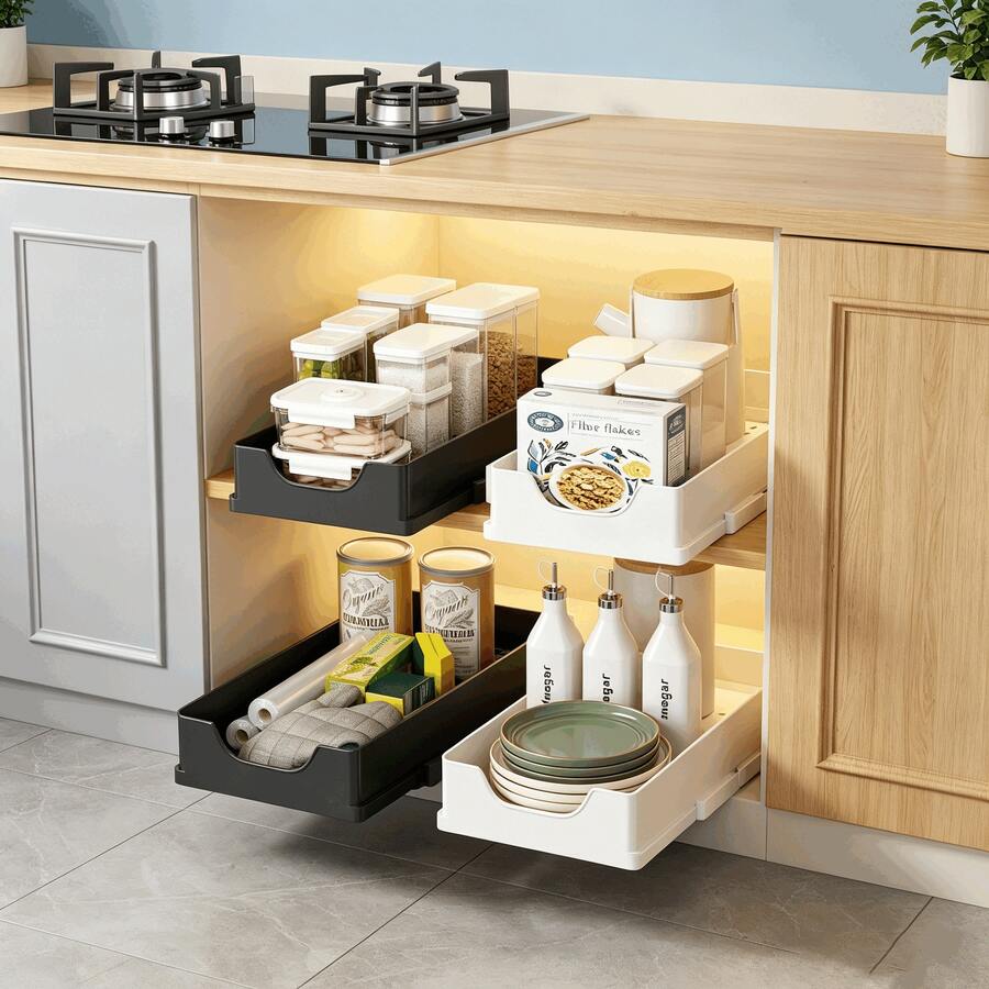 No-Drill Pull-Out Kitchen Cabinet Organizer - Slide-Out Drawer Shelf For Under Sink, Adjustable Rails, Large Capacity, Material - Multicolor - View 1
