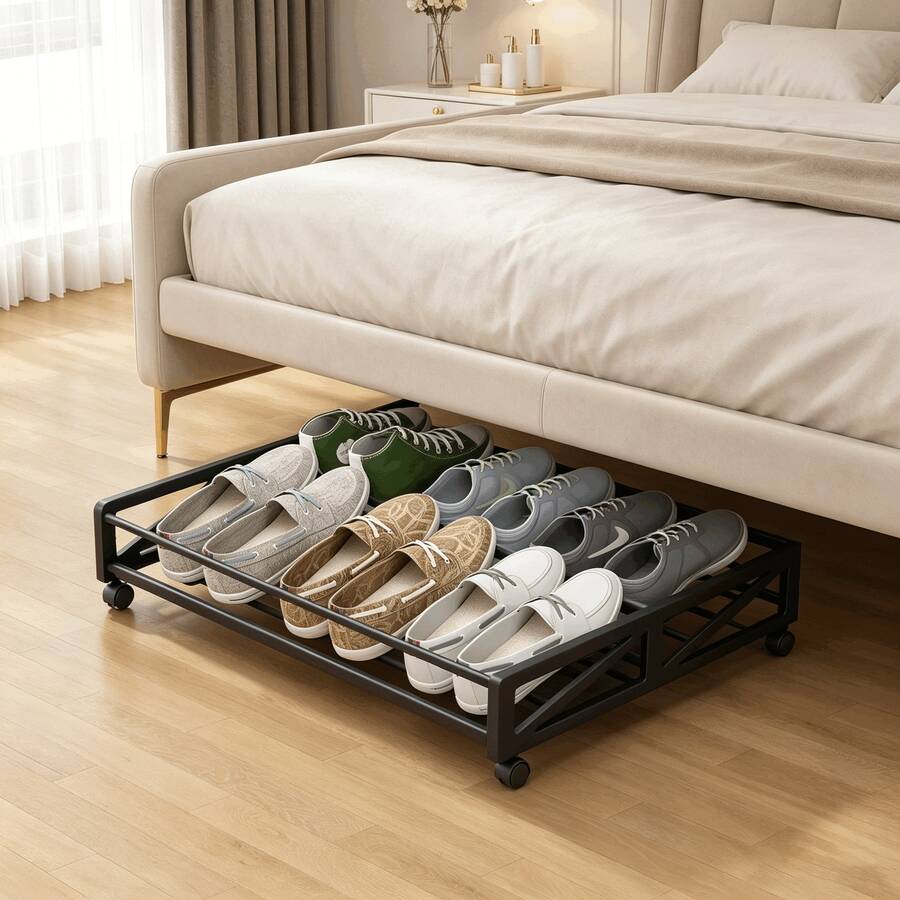 Ergonomic Handle Underbed Shoe Rack With Wheels, Slide-Out Large Capacity Tilted Design, Dorm Shoe Storage Organizer - Black - View 1