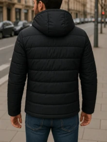 MEN'S BASIC CASUAL HPC POLO PUFFER JACKET WITH COMFORTABLE PLUSH HAT - Black - View 2