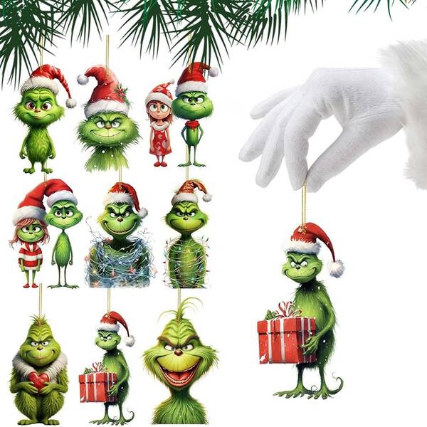 Panini Ornamen Natal Akrilik Grinch & Cindy-Lou, Hiasan Gantung Natal Monster Hijau