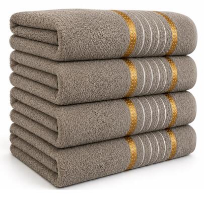 Kit 4 Toalhas de Banho Grande 100% Algodão Marrom Claro 68x135cm 305g/m² Macias Absorventes com Barrado Dourado