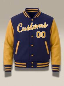 Custom Men Baseball Jacket Personalized Team Name Number Navy Gold Varsity Letterman Coat Button Up Retro Casual Outwear - Royal Blue - View 2