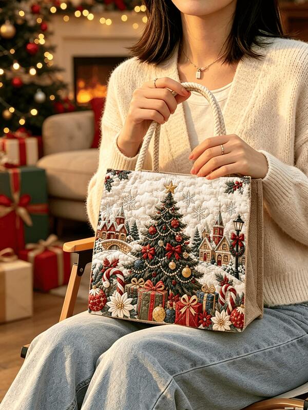 New Christmas Theme Christmas Tree And Gift Pattern Lunch Bag, Women's Storage Bag | Makeup Bag | Reusable Handle Storage Bag | Luggage Organizer | Women's Handbag | Outdoor Leisure Storage Bag | Durable Zipper Design | Suitable For Storing Travel Supplies, Dirty Clothes And Yoga Sports Clothes | Dorm And College Student Essential | Home Life Essential | Perfect Gift For Friends, Family And Loved Ones, Christmas Gift, Halloween Gift