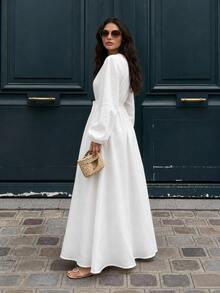 Women's Solid Yellow Belted Maxi Dress, Long Sleeve Flowy A-Line Dress With Tie Waist - White - View 2