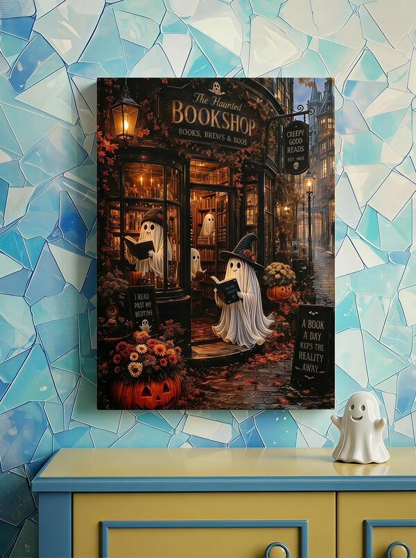Joivida 1pc Framed/Unframed Haunted Bookstore Ghosts Reading Book Autumn Canvas Poster Moody Spooky Book Shop Halloween Wall Art Print Dark Academia Lirabry Fall Decor Painting For Dorm,Living Room,Bedroom,Modern Home Decoration