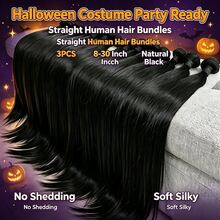 BINF 3Pcs Straight Human Hair Bundles 8‑30 Inch Virgin Remy Hair Weave Extensions, Natural Black Double Weft Hair For Halloween Party Cosplay Daily Styling - Natural Black - View 2