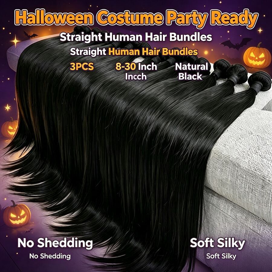 BINF 3Pcs Straight Human Hair Bundles 8‑30 Inch Virgin Remy Hair Weave Extensions, Natural Black Double Weft Hair For Halloween Party Cosplay Daily Styling