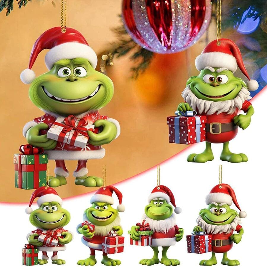Panini Grinch Holding Gift Acrylic Christmas Ornament, Green Monster Christmas Pendant - Multicolor - View 1