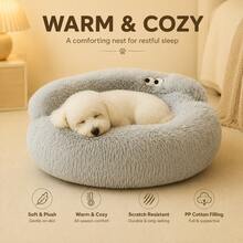 Comfortable Plush Sofa-Style Pet Bed, Suitable For Cats And Small Dogs, Soft Fluffy Round Cat & Dog Bed With Raised Edges, PP Cotton Filled Warm Sleeping Nest Mat, Indoor Pet Resting Bed - Light Grey - View 5