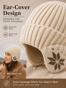 Vintage Ribbed Knit Beanie Hat With Snowflake Earflap Design, Unisex Warm Winter Knitted Cap, Casual Earflap Cold Weather Hat, Suitable For Outdoor Walking, Travel, Commuting, Autumn/Winter Hat Accessory - Multicolor - View 4