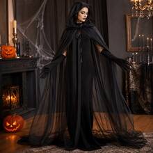 Adult Halloween Witch Hooded Cloak + Gothic Vampire Long Claw Gloves Set, Black Long Mesh Cape With Adjustable Drawstring, Unisex, Suitable For Halloween Party, Cosplay, Theme Party, Witch Vampire Costume - Multicolor - View 3