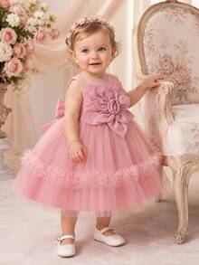 New 3D Applique Sleeveless Satin & Tulle Model Runway Girls' Puffy Birthday Princess Dress - Pink - View 4