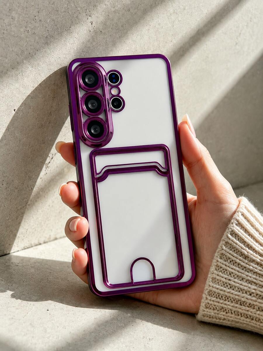 Electroplated Color Frame Transparent Card Slot Phone Case, Raised Camera Frame Anti-Drop Protective Shell, Fashionable Versatile Style Compatible With Samsung Galaxy S26 Ultra/S26 Plus/S26/S25/S24 Ultra/S24 Plus/S24/S23 Ultra/S23 Plus/S23 Series, Portable Small Gift - Purple - View 1
