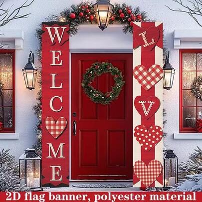 1pc 2D Flat Valentine's Day Welcome Theme Door Banner Background, With WELCOME LOVE Letters, Plaid Polka Dot Heart, Made Of Polyester Material, Suitable For Indoor/Outdoor Valentine's Day Scene Decoration, Can Be Used For Door Decoration, Wall Decoration, Photo Backdrop, Suitable For Outdoor Scenes, Romantic And Warm Style, Enhancing The Holiday Atmosphere