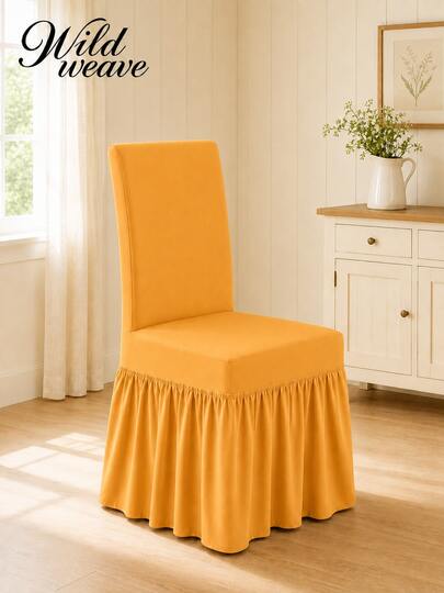 1pc Yellow Long Skirt Chair Cover, Full Coverage, Durable, Washable, High Elasticity, Stretchable, Easy Fit, Universal Furniture Protector, Suitable For Halloween, Thanksgiving, Holiday Decoration, Autumn Home Living Room