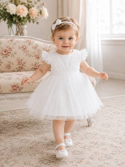 New Girls' Princess Dress, Tulle Puff Skirt, Flower Girl Dress With Open Back And Bow, Casual And Performance Wear