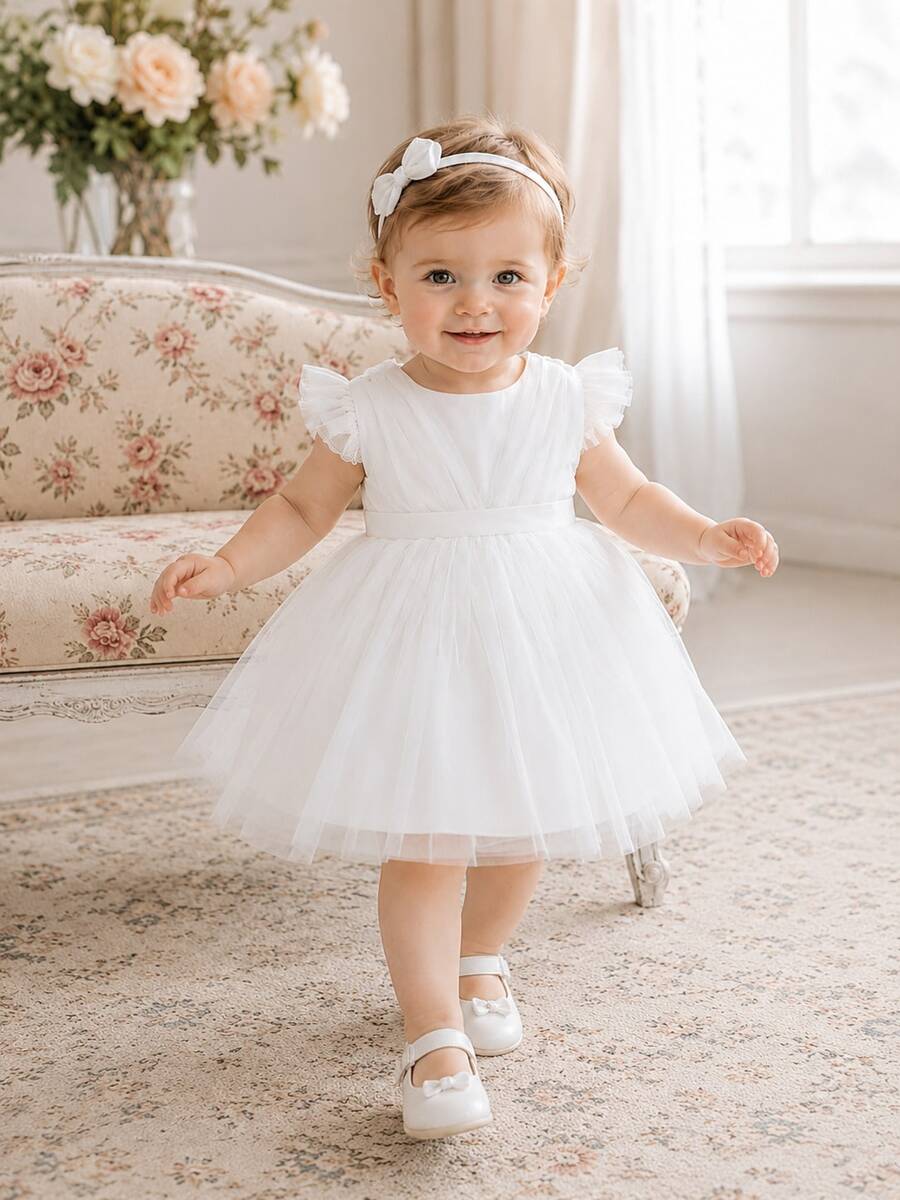 Gaun Putri Baru untuk Anak Perempuan, Rok Mengembang dari Tulle, Gaun Pengiring Pengantin dengan Punggung Terbuka dan Pita, Cocok untuk Pakaian Kasual dan Pertunjukan. - Putih - View 1