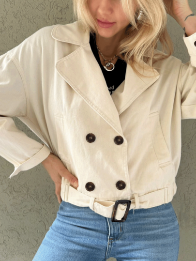 Chaqueta corta tipo gabardina para mujer con cuello de solapa, cierre de doble botonadura con lazo, prenda exterior casual