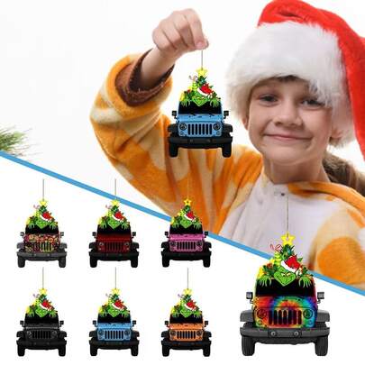 Panini Hiasan Natal Akrilik Mobil Off-Road Grinch, Gantungan SUV Monster Hijau