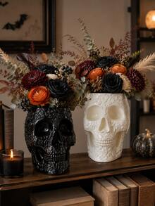 1pc Decorative Floral Skull Vase, Gothic Style Black & White Skull Planter, Embossed Sugar Skull Tabletop Centerpiece, Halloween Home Decor, Suitable For Dried Flowers And Fresh Flowers, Living Room Bookshelf Party Decoration - Gothic Skull Vase - View 9
