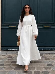 Women's Solid Yellow Belted Maxi Dress, Long Sleeve Flowy A-Line Dress With Tie Waist - White - View 5