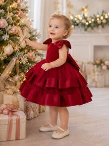 New Baby Girl Princess Dress, 1st Birthday Bow Tulle Tutu Party Dress - Red - View 7
